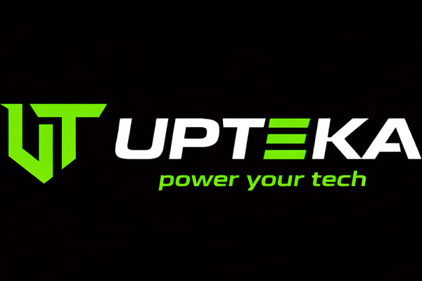 Upteka logo with green and white text on a black background